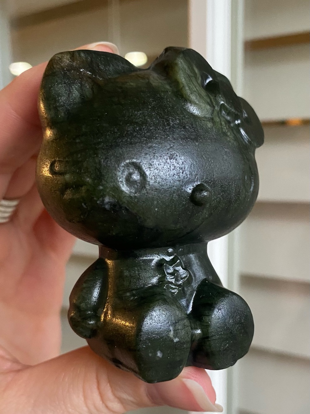 Hello Kitty in Jade – 3” Dark Green Jade Carving | Adorable Crystal Figurine